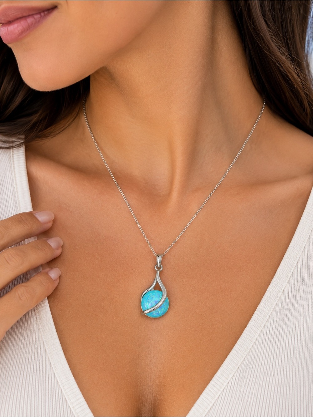 Blue Created Opal Pendant Necklace – Silver Tone – Pre-Owned